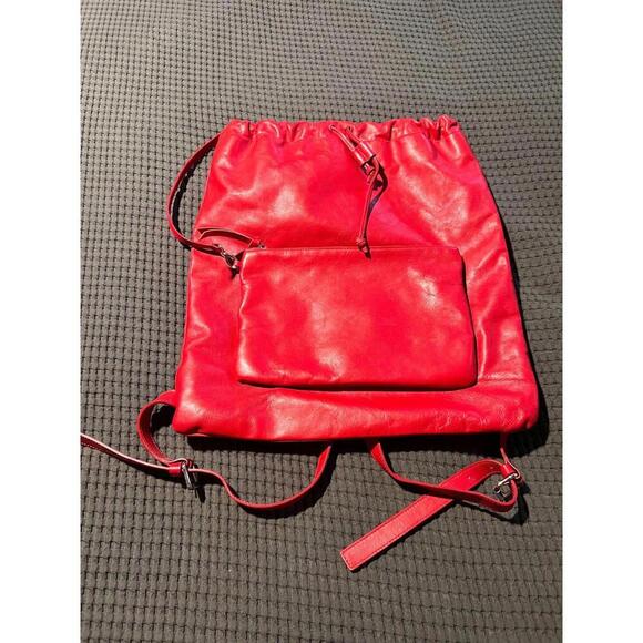 MM6‎ Maison Margiela Red Leather Drawstring Backpack Front Zip Pocket Bag main image 5